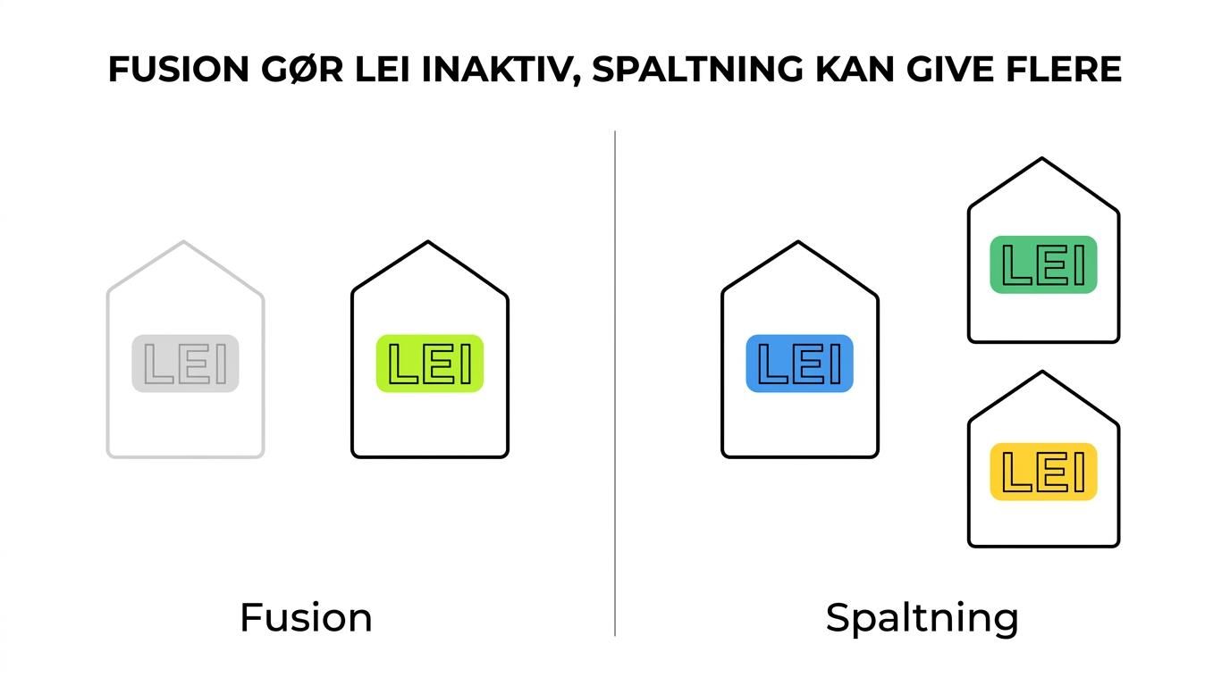 Sammenligning af fusion og spaltning med en gammel LEI, der bliver inaktiv ved fusion, og en eksisterende LEI, der fortsætter eller suppleres med nye LEI-koder ved spaltning.