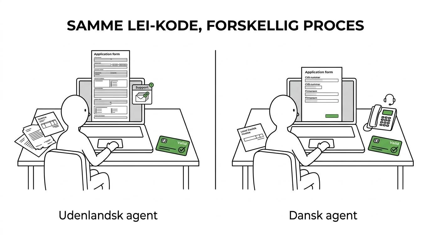 Side-by-side sammenligning af dansk og udenlandsk LEI-agent på punkter som support, pris, CVR-flow, fornyelse og fakturering.