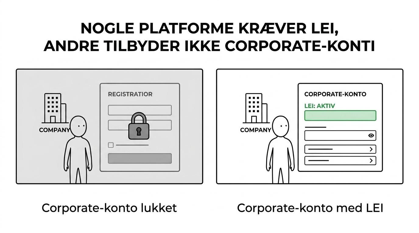Sammenligning af Nordnet, Interactive Brokers og DEGIRO på LEI-krav og mulighed for virksomhedsdepot.