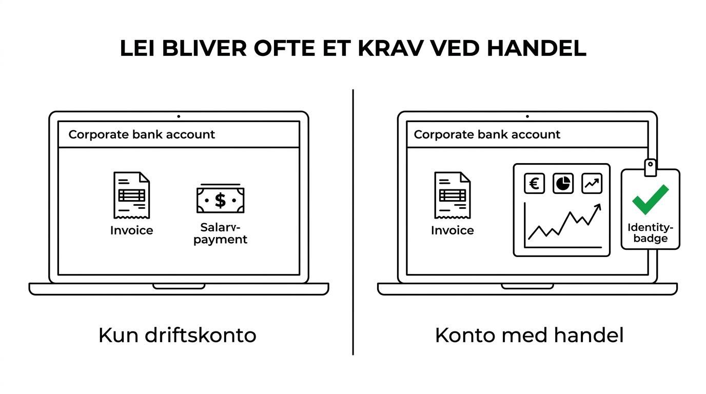 Side-by-side comparison of a standard business account and an investment-enabled account, showing LEI needed for trading-related services.