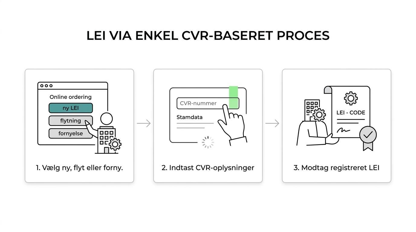 Et enkelt flow, der viser valg af ny, flytning eller fornyelse af LEI, CVR-baseret validering og modtagelse af aktiv LEI-kode.