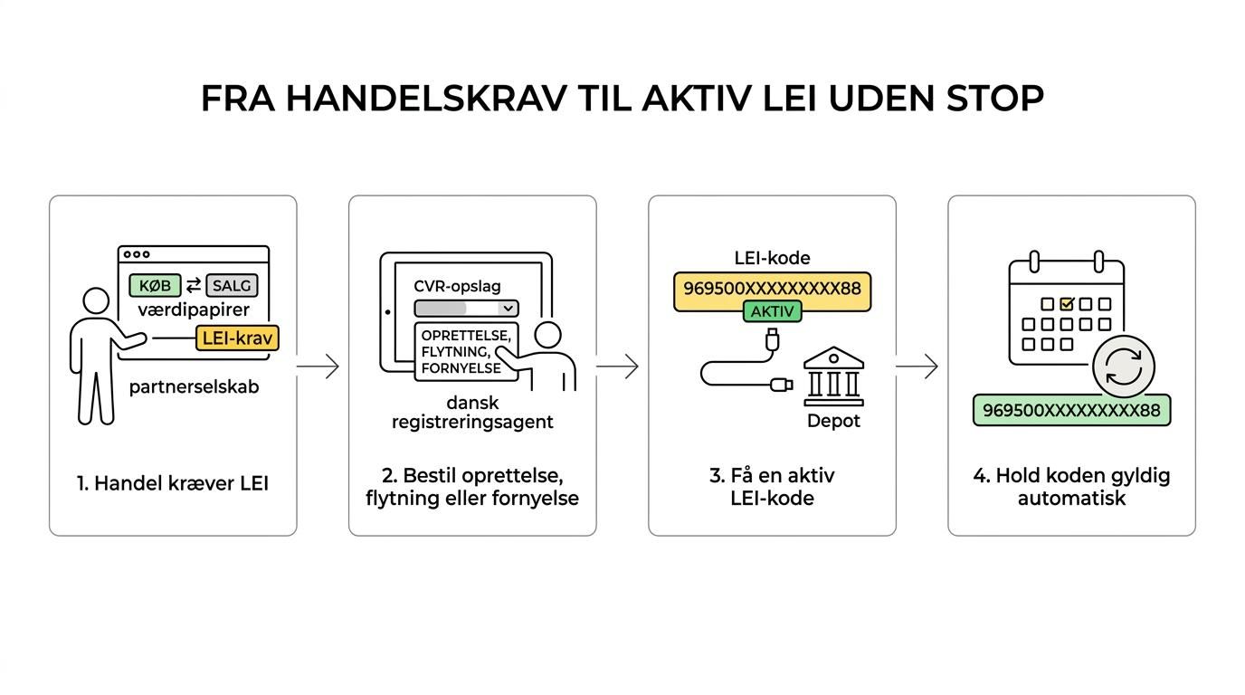 Et enkelt forløb fra CVR-opslag og validering til aktiv LEI-kode, værdipapirhandel og løbende fornyelse med dansk support.