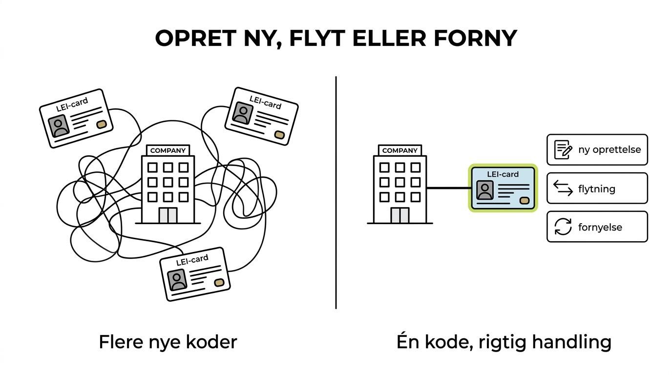 Side-by-side oversigt over ny LEI, flytning af eksisterende LEI og årlig fornyelse for juridiske enheder.