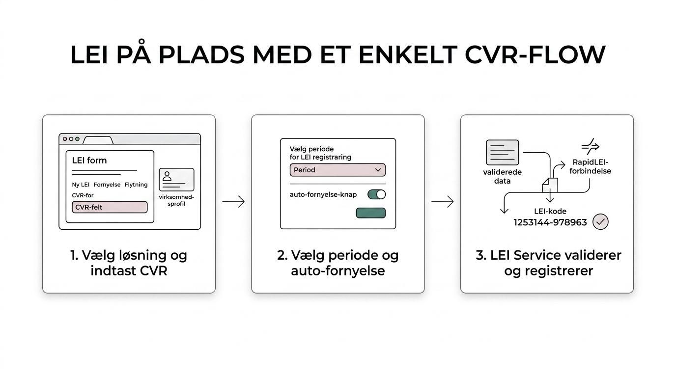 Tre trin fra CVR-opslag til validering og registrering af en LEI-kode.