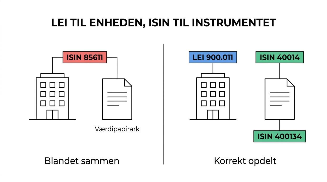 Side-by-side sammenligning af LEI knyttet til en virksomhed og ISIN knyttet til et finansielt instrument.