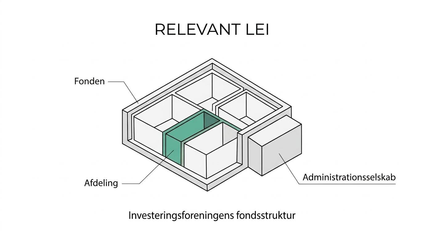 Diagram over en investeringsforenings struktur med fond, afdeling eller sub-fund og administrationsselskab, samt markering af hvilke enheder der kan være relevante for LEI.
