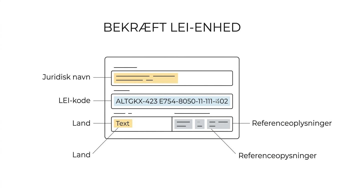 Et LEI-opslag med markeringer ved juridisk navn, LEI-kode, land, juridisk form, referenceoplysninger og ejerstruktur.
