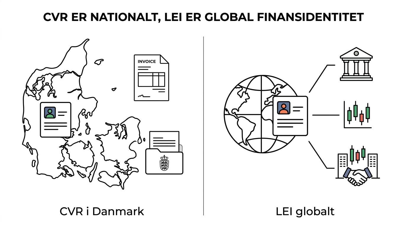 Sammenligning af CVR-nummer og LEI-kode med forskelle i formål, rækkevidde, format og typisk brug.