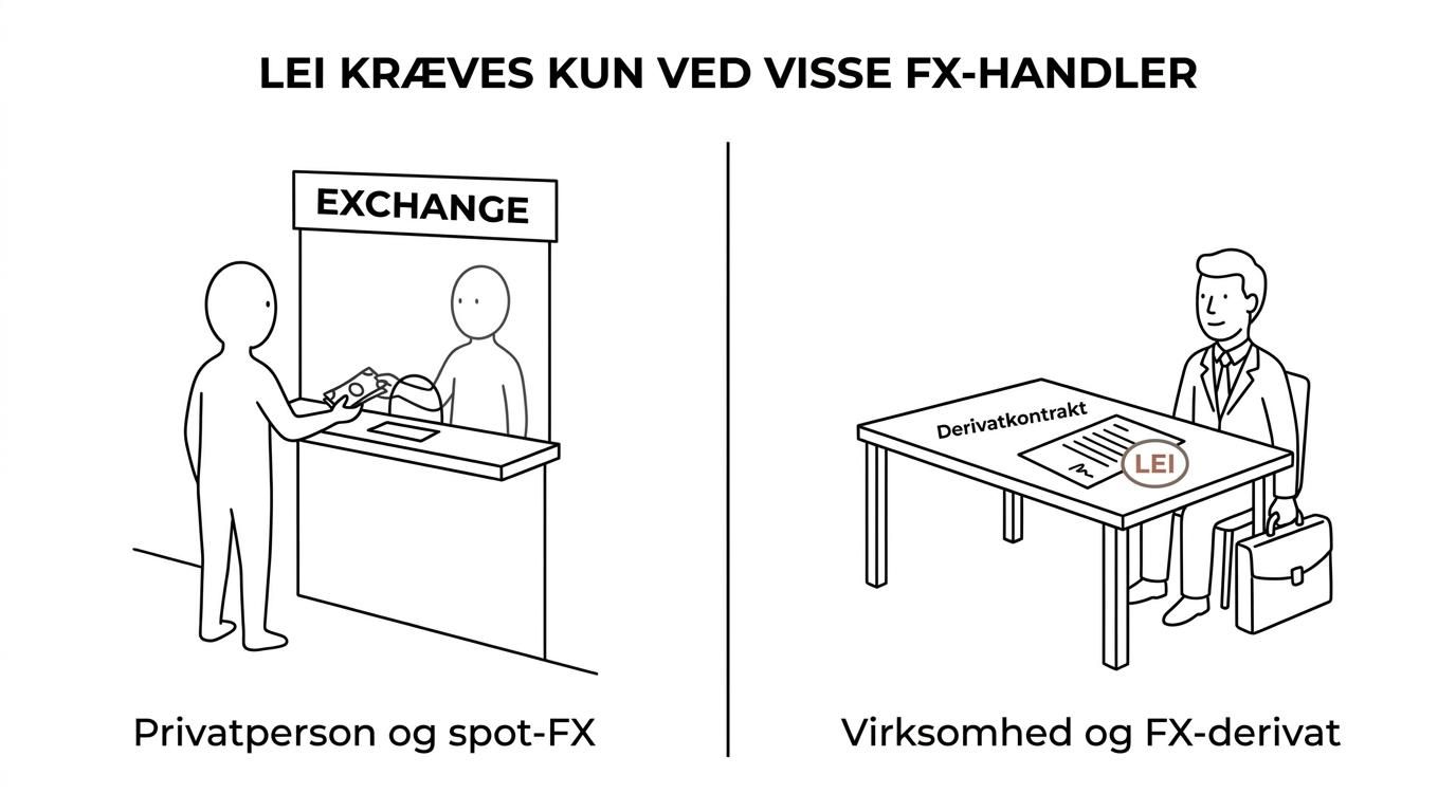 Sammenligning mellem simpel spot-valutaveksling uden typisk LEI-krav og en virksomheds FX-derivathandel med LEI og rapportering.