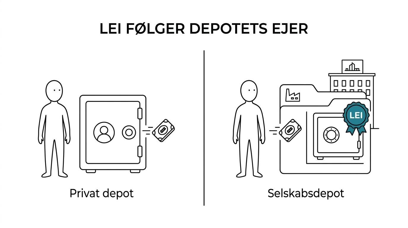 Sammenligning mellem privat depot uden normalt LEI-krav og selskabsdepot, hvor LEI er påkrævet for ETF-handel.