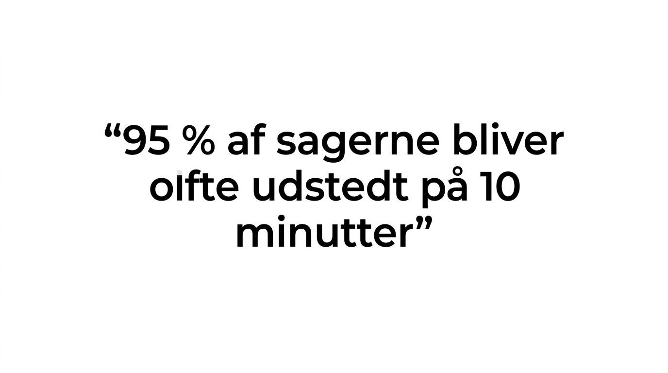Fremhævet citat om at 95 procent af sagerne ofte udstedes på 10 minutter.