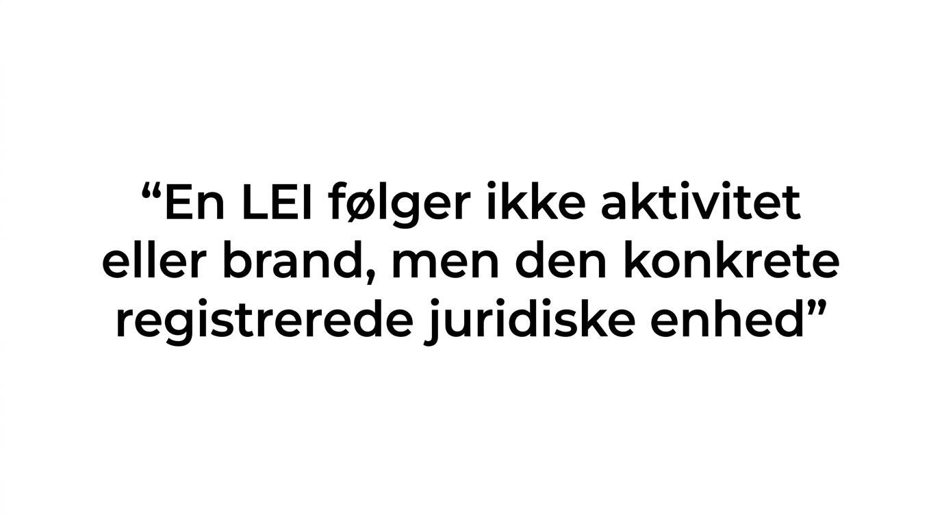 Fremhævet citat om at en LEI følger den registrerede juridiske enhed, ikke aktivitet eller brand.