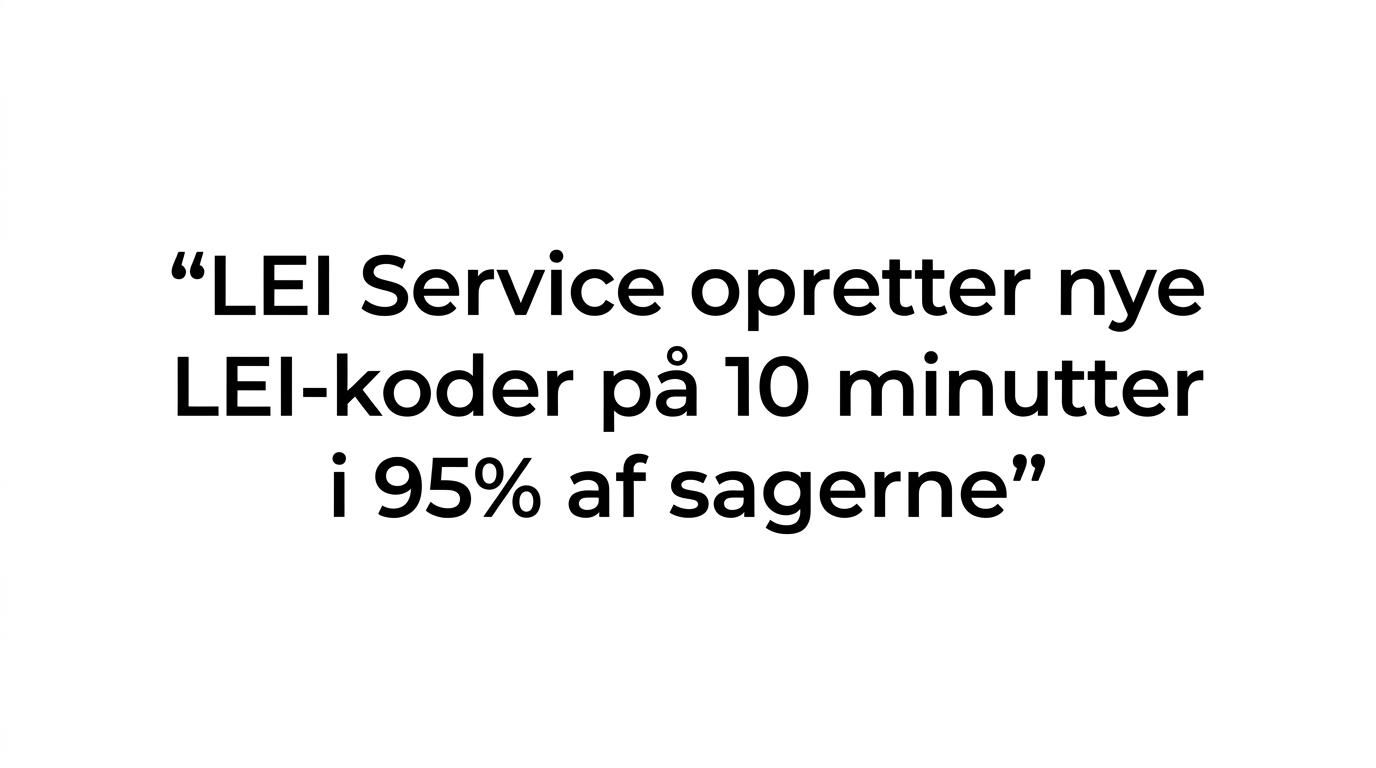 Typografisk citat med teksten om nye LEI-koder oprettet på 10 minutter i 95 % af sagerne.